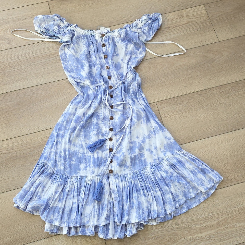 Tiare Hawaii Blue Tie-Dye Button-Front Ruffle Beach Dress